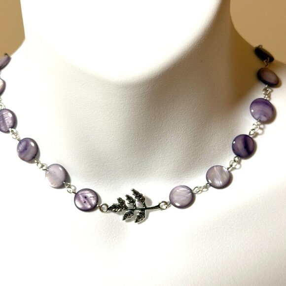 Purple Mother of Pearl Beaded Short Necklace + Silver Leaf Branch Pendant - Picture 2 of 12